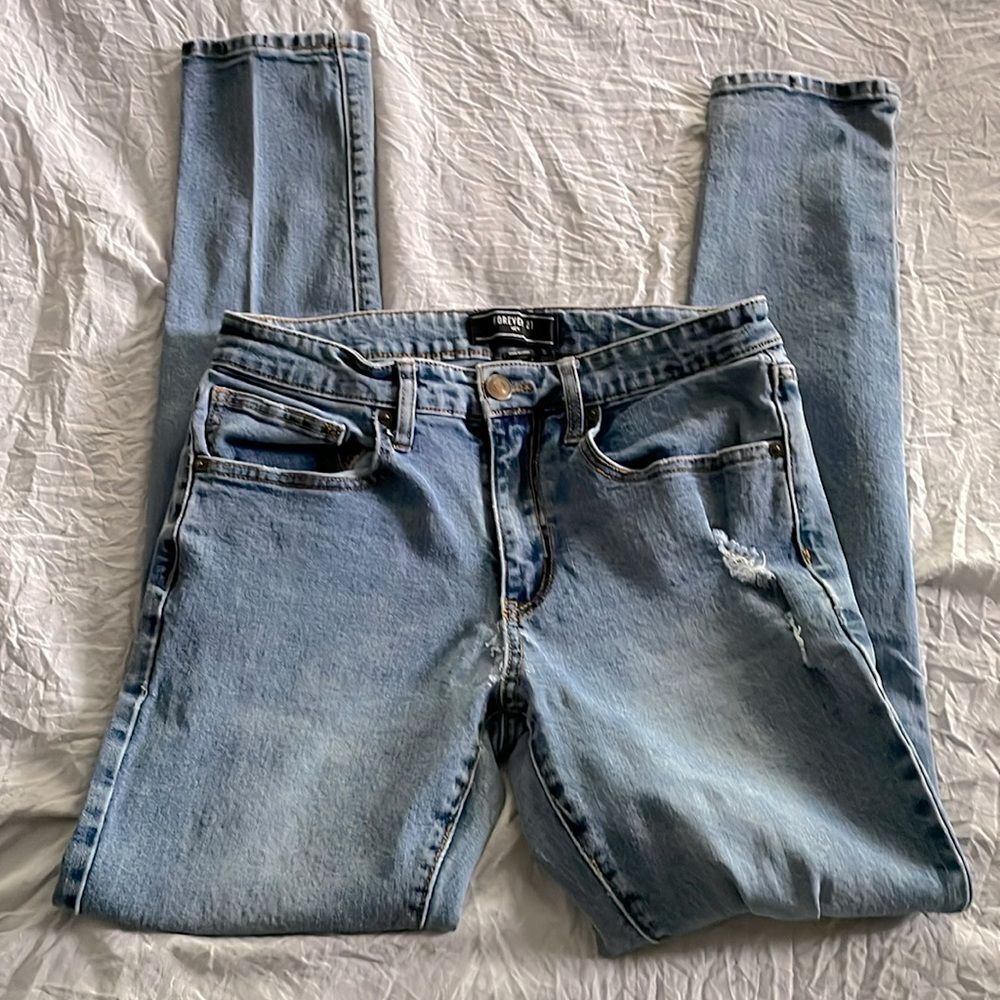 Forever 21 Men's Distressed Skinny Jeans Light Blue Wash Ripped Size 30